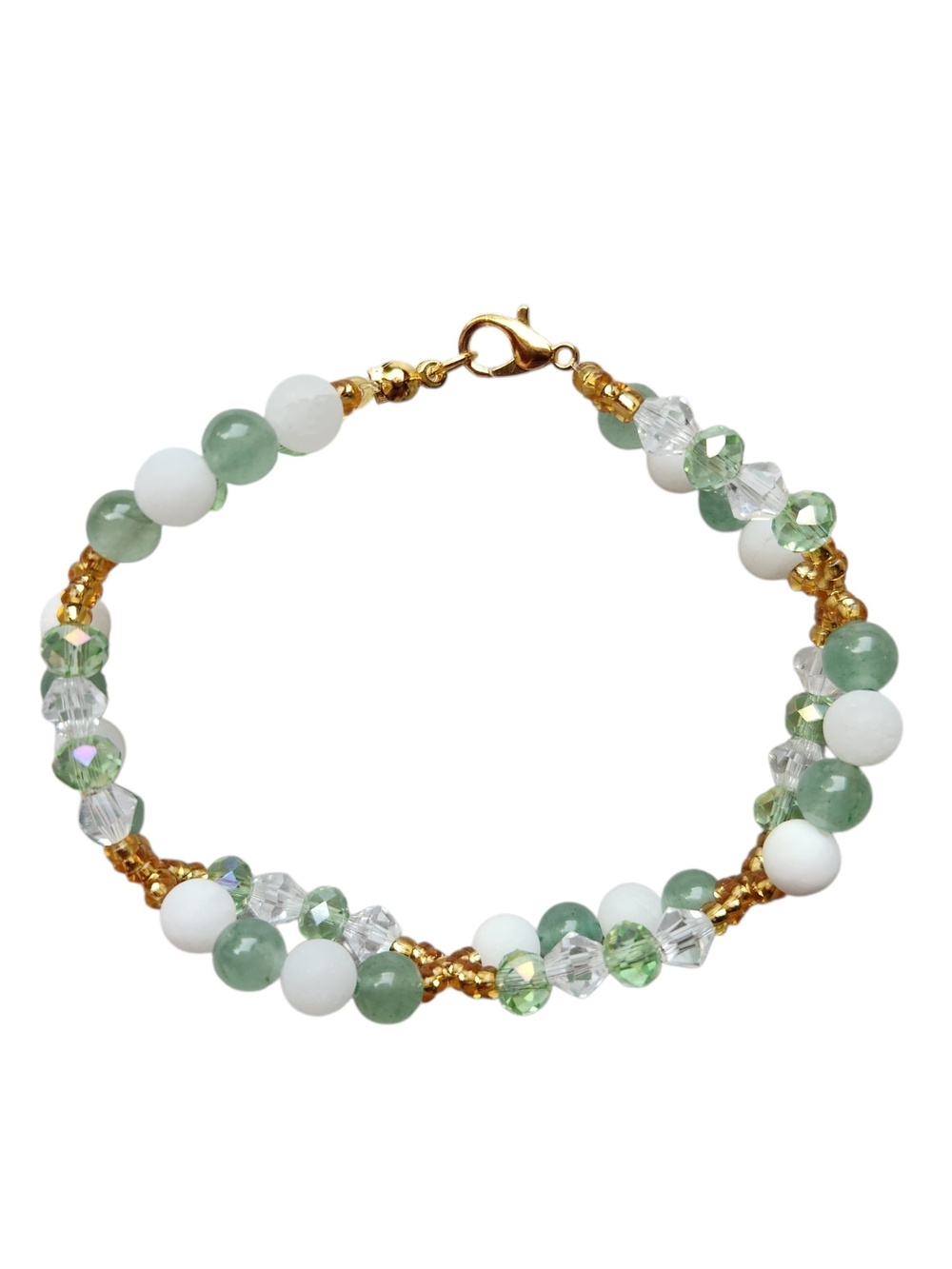 Hand Crafted Green Aventurine & White Jade Gold Beaded Stretch Bracelet - Picture 2 of 3